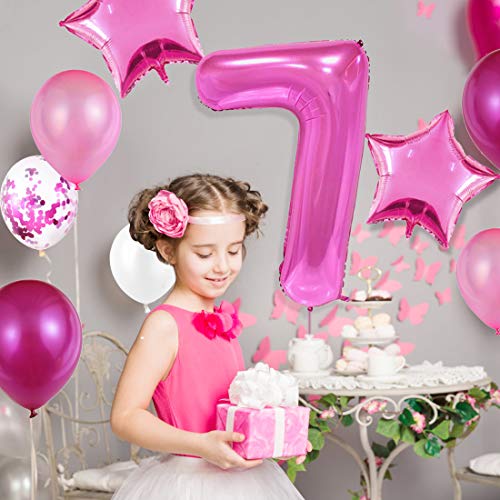 Decoraciones de cumpleaños número 7 para niñas, globos de feliz cumpleaños  rosa y blanco, suministros de fiesta de 7º cumpleaños para hija, sus hijos