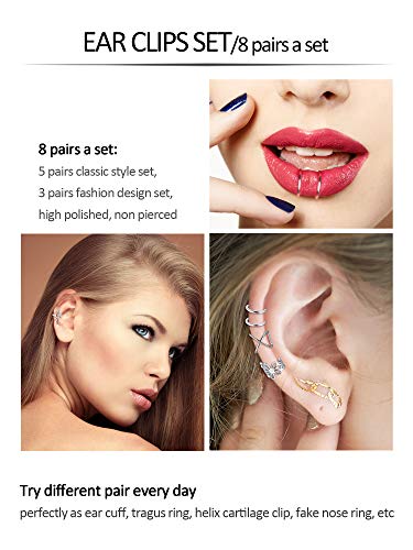 8 Pares de Puño de Oreja de Acero Inoxidable Clip sin Perforación Pendientes de Cartílago para Hombres y Mujeres, 8 Estilos Variados (Acero)