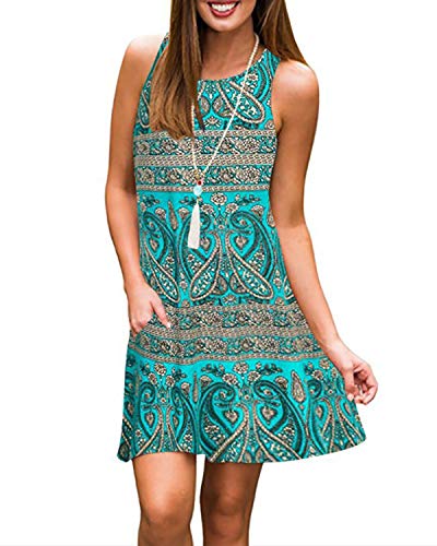 Abravo Mujer Vestido Estampado Floral sin Mangas Vestido Casual Corto Playa con un Bolsillo (2XL=EU44-46, Verde)