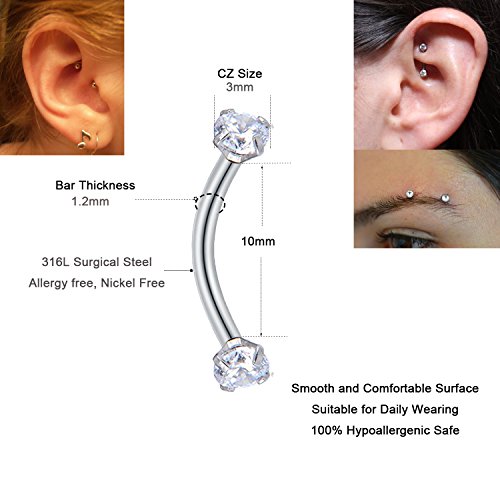 Acero quirúrgico 16G Curved Barbell Piercing Labio Ceja Ombligo Anillo Helix Tragus Daith Oreja Piercing 6 Piezas