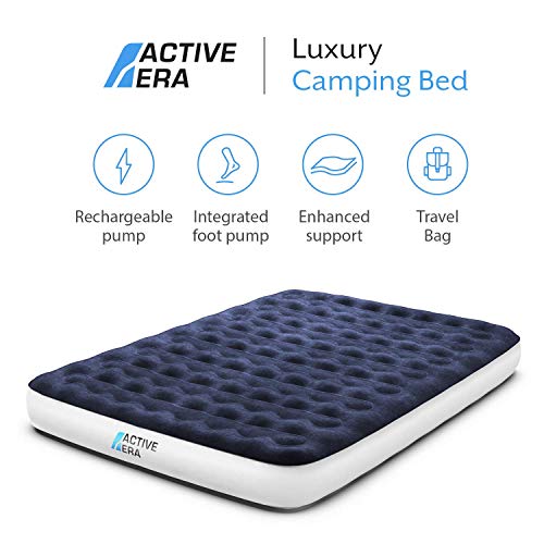 Active Era Cama de Aire para Acampar Matrimonial con Bomba Recargable USB - con Almohada Integrada, Bolsa de Viaje, Bomba de Aire Portátil con Cable de Carga USB y Bomba de Pie