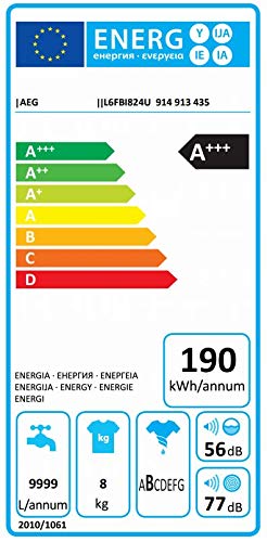 AEG L6FBI824U Lavadora de Libre Instalación, Carga Frontal, 8 Kg / 1200 rpm, Serie 6000, Programa Rápido, Panel de control Blanco, Puerta XL Plata, Blanco, A+++