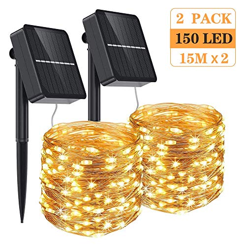 Aerb Guirnalda Luz Exterior Solar, 2 Pack Cadena de Luces 15M 150 LED, Panel Solar de 85X85mm, Impermeable Iluminación Decoración para Árbol en Jardín, Navidad, Fiesta, Patio, Celebración, Casa