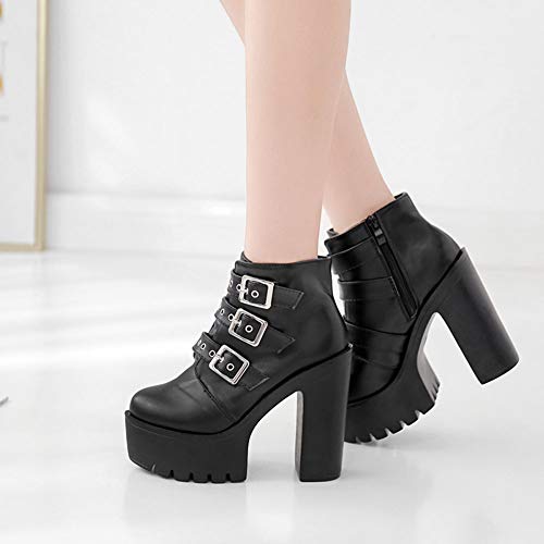 AFANG Botines Tacón Mujer Grueso, Nieve Botas Antideslizante Martin Grueso Redonda Moda Botas Montar, Tacón Alto Zapatos Plataforma Casual Zapatillas Negro,A,38