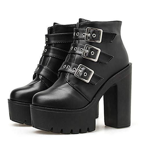 AFANG Botines Tacón Mujer Grueso, Nieve Botas Antideslizante Martin Grueso Redonda Moda Botas Montar, Tacón Alto Zapatos Plataforma Casual Zapatillas Negro,A,38