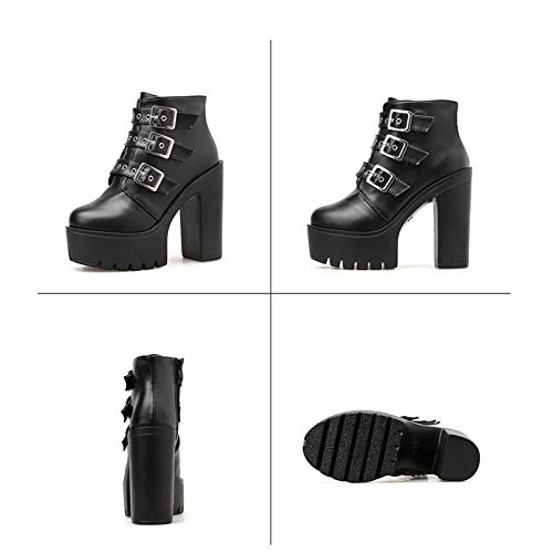 AFANG Botines Tacón Mujer Grueso, Nieve Botas Antideslizante Martin Grueso Redonda Moda Botas Montar, Tacón Alto Zapatos Plataforma Casual Zapatillas Negro,A,38