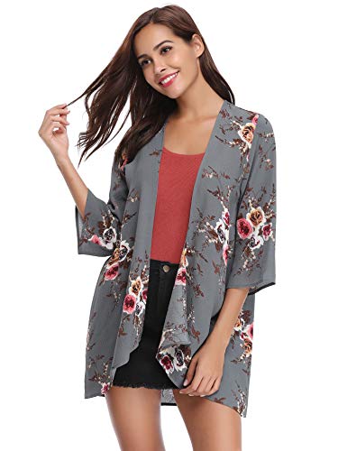 Aibrou Mujer Chal Flojo Cárdigan Kimono Florales, Manga 3/4 Tops Blusa Floral Suelta Casual Boho Style Capas(Gris XL)