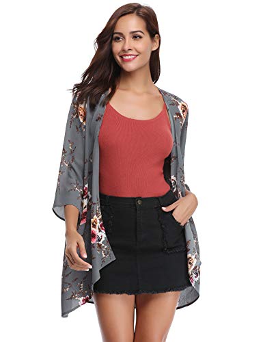 Aibrou Mujer Chal Flojo Cárdigan Kimono Florales, Manga 3/4 Tops Blusa Floral Suelta Casual Boho Style Capas(Gris XL)