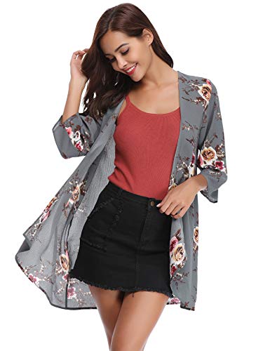 Aibrou Mujer Chal Flojo Cárdigan Kimono Florales, Manga 3/4 Tops Blusa Floral Suelta Casual Boho Style Capas(Gris XL)