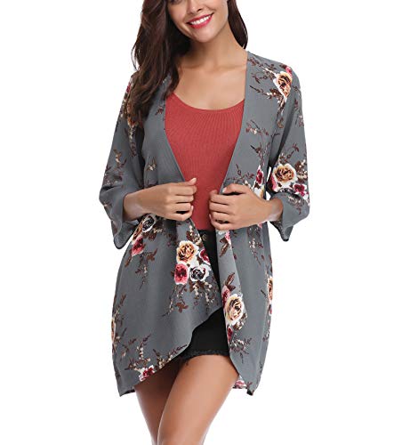 Aibrou Mujer Chal Flojo Cárdigan Kimono Florales, Manga 3/4 Tops Blusa Floral Suelta Casual Boho Style Capas(Gris XL)