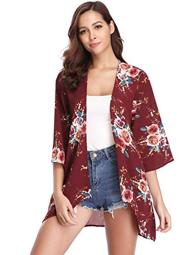 Aibrou Mujeres gasas Chal Flojo, Estampado Kimono Cardigan Top Cover Up Blusa Beachwear(Vino Rojo S)