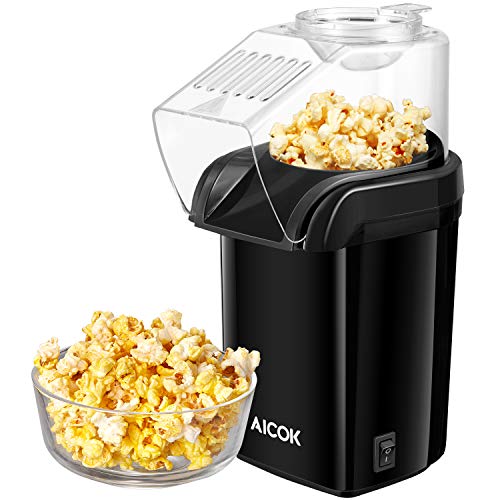 AICOK Palomitero, 1200W Rápida Máquina de Palomitas, Aire Caliente Sin Aceita, Incluida Jarra Medidora, Tapa Removible, y Libre de BPA, Negro