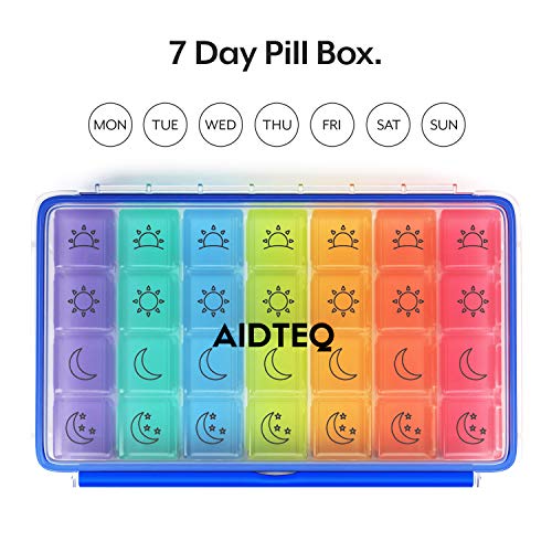 Aidteq Prima Organizador de Pastillas 7 Días 4 Veces al Día AM PM Dispensador de Pastillas de Viaje con Caja a Prueba de Humedad y 28 Compartimientos Grandes