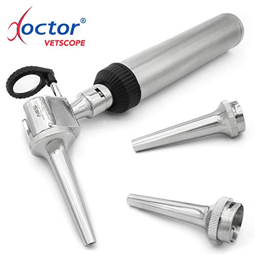 AIESI® Otoscopio Veterinario Profesional de cabeza abierta iluminación LED 3V blanca con 3 conos de acero inoxidable DOCTOR VETSCOPE # Garantía de 24 meses