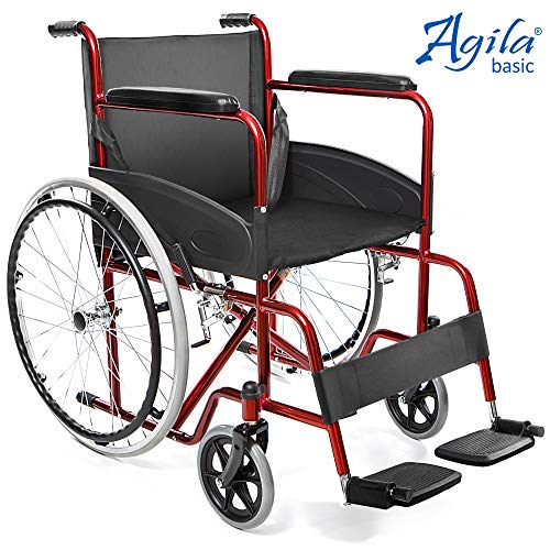 AIESI® Silla de Ruedas plegable ligera de autopropulsión para discapacitados y mayores AGILA BASIC # Reposabrazos y Reposapiés fijos # Cinturon de seguridad # Garantía de 24 meses