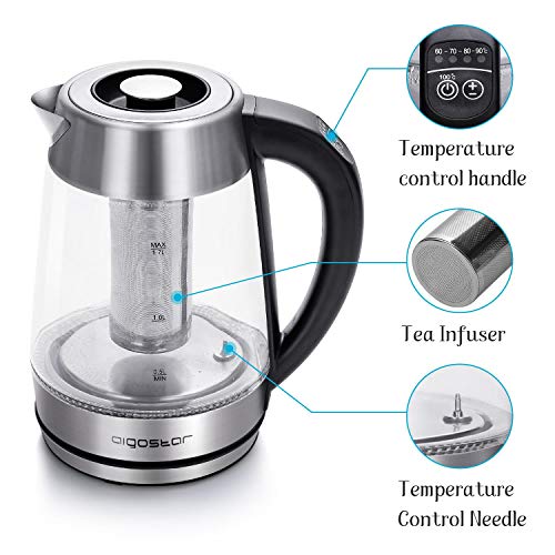 Aigostar Cris - Hervidor de agua, vidrio de borosilicato con infusor de té, 5 niveles de temperatura, 1.7L, 2200 W, función mantener caliente, iluminación LED, apagado automático, libre de BPA.