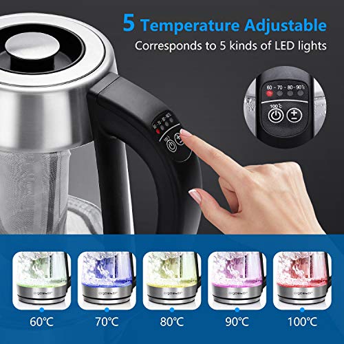 Aigostar Cris - Hervidor de agua, vidrio de borosilicato con infusor de té, 5 niveles de temperatura, 1.7L, 2200 W, función mantener caliente, iluminación LED, apagado automático, libre de BPA.