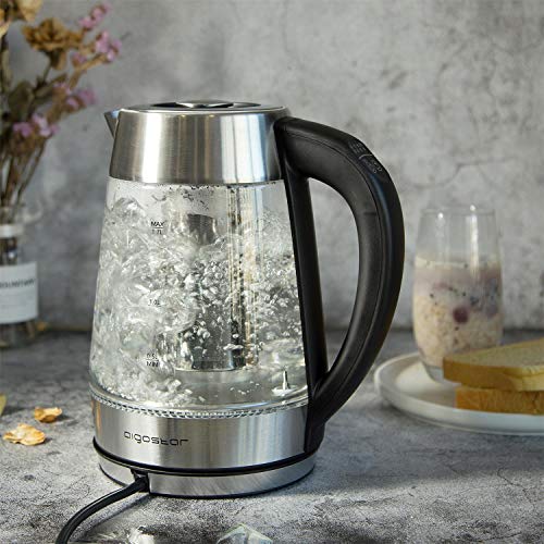 Aigostar Cris - Hervidor de agua, vidrio de borosilicato con infusor de té, 5 niveles de temperatura, 1.7L, 2200 W, función mantener caliente, iluminación LED, apagado automático, libre de BPA.