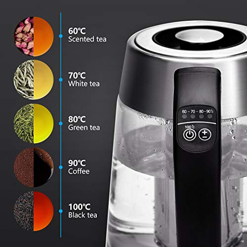 Aigostar Cris - Hervidor de agua, vidrio de borosilicato con infusor de té, 5 niveles de temperatura, 1.7L, 2200 W, función mantener caliente, iluminación LED, apagado automático, libre de BPA.