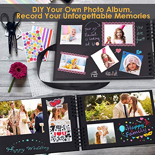 Album de Fotos Scrapbook Espiral, 80 Páginas Negras DIY Scrapbooking Album Set con 2pcs Photo Corners 6pcs Pegatinas 5pcs Plantillas 12 Rotuladores de Colores, para Boda Aniversario Cumpleaños Navidad