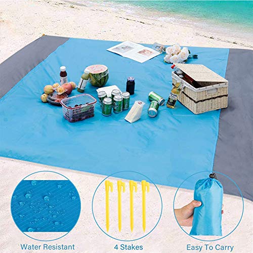 Alfombras de Playa, Toalla Playa Gigante 200 x 210cm,con 4 Estaca Fijo, Portátil y Ligero Manta Picnic Anti-Arena Impermeable para la Playa,Picnic y Otra Actividad al Aire Libre (Azul + Gris)