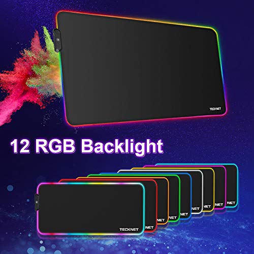 Alfombrilla de Ratón Gaming RGB TECKNET 800*400*4mm, Base de Goma Antideslizante, Superfície Suave Resistente al Agua para Gamers, PC y Portátil