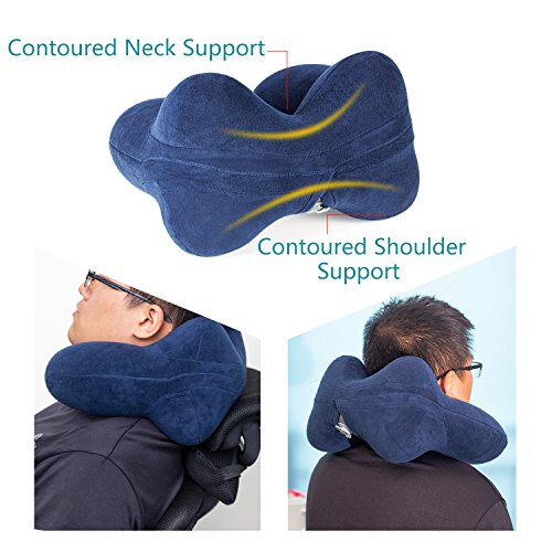 Almohada Inflable del Viaje de 4 Jorobas/Cojín Inflable del Cuello de Viaje, Hecho de Terciopelo Suave y Funda Lavable con Tapones para los Oídos, Máscara de los Ojos y Bolsa de Transporte [Azul]