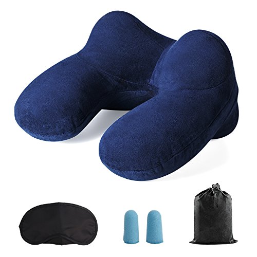 Almohada Inflable del Viaje de 4 Jorobas/Cojín Inflable del Cuello de Viaje, Hecho de Terciopelo Suave y Funda Lavable con Tapones para los Oídos, Máscara de los Ojos y Bolsa de Transporte [Azul]