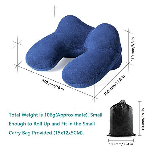 Almohada Inflable del Viaje de 4 Jorobas/Cojín Inflable del Cuello de Viaje, Hecho de Terciopelo Suave y Funda Lavable con Tapones para los Oídos, Máscara de los Ojos y Bolsa de Transporte [Azul]