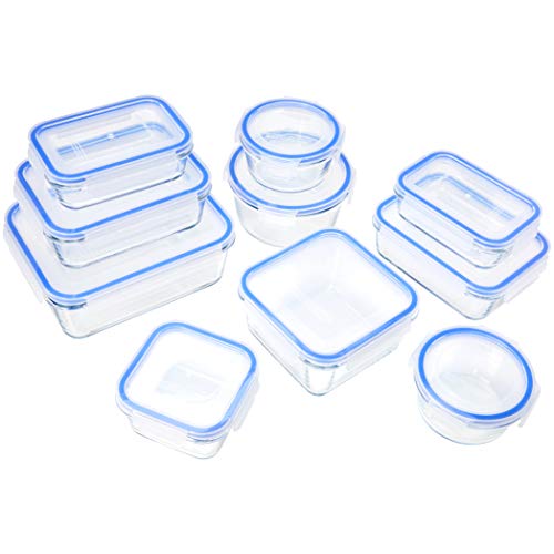 AmazonBasics - Recipientes de cristal para alimentos, con cierre 20 piezas (10 envases + 10 tapas), sin BPA