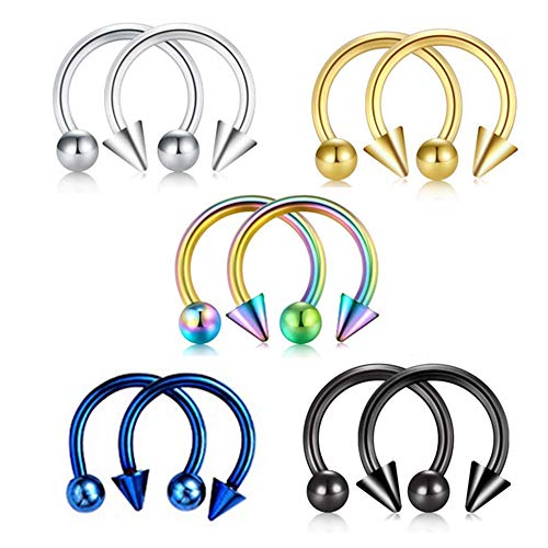 Amery house 5 Pares 8mm Aro de Nariz Acero Inoxidable Quirúrgico Piercing de Cartílago Oreja Aro Joyería Labret septum Herradura pendientes de Nariz Hombre Mujer Piercing Anillo Labio Plata Negro Oro