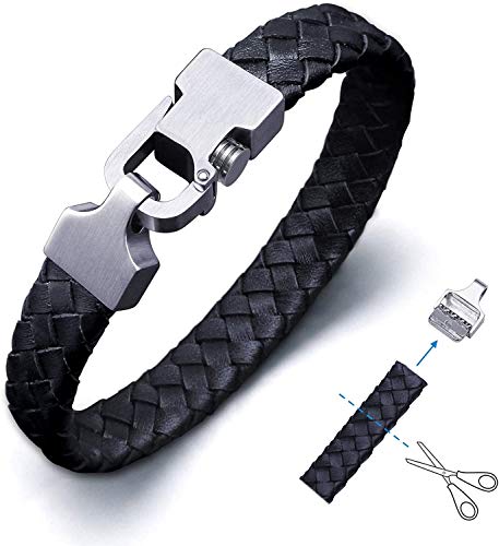 Amtier Pulsera de Cuero Brazalete Ajustable con Acero Inoxidable Push-Pull Cierre para Hombre