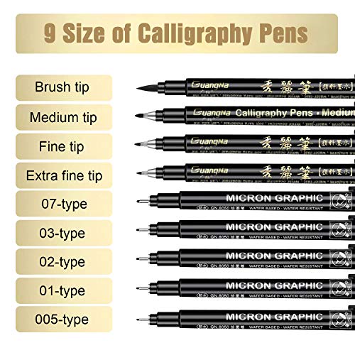 AmzKoi Plumas de Caligrafía, 9 Piezas Bolígrafos de Tinta de Caligrafía Para Letras, Bolígrafos Recargable de 9 Tamaños Para Rotulación, Escritura Para Principiantes, Firma y Dibujo Artístico