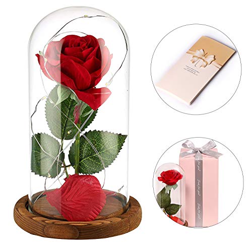 Anaoo Rosa Bella y la Bestia Regalo Navidad para Mujeres, Madres, Novia, San Valentin, cumpleaños, Boda, Aniversario, con una cúpula de Cristal sobre la Base, con Una Tarjeta