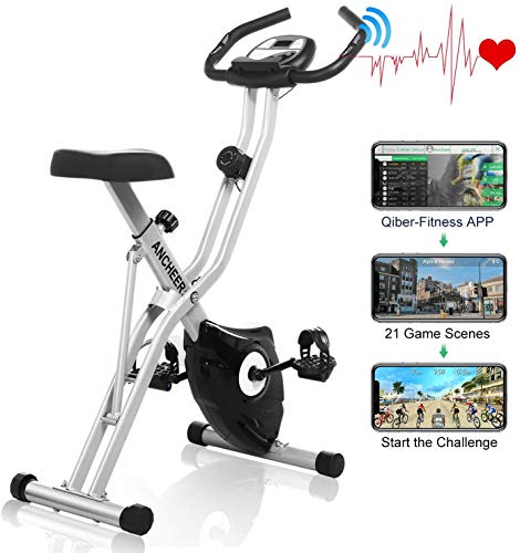 ANCHEER Bicicleta Estática Plegable Bicicleta de Ejercicio 10 Niveles de Resistencia Magnética, con App, Soporte para Tableta Capacidad de Peso:120kg (Gris)