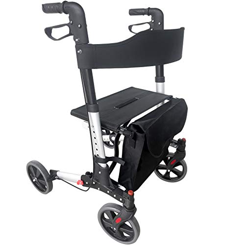 Andador para Ancianos Plegable - Asiento con Respaldo, 4 Ruedas/Frenos/Bolsa Auxiliar & Soporte para Bastón, Altura Regulable, de Aluminio - Rollator, Caminador Mayores