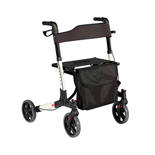 Andador para Ancianos Plegable - Asiento con Respaldo, 4 Ruedas/Frenos/Bolsa Auxiliar & Soporte para Bastón, Altura Regulable, de Aluminio - Rollator, Caminador Mayores