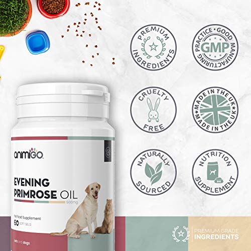 Animigo Aceite de Onagra para Perros y Gatos | Suplemento de Onagra en Cápsulas | con Ácido Linoleico (LA) y Gamma (GLA) | para Piel, Pelaje, Balance Hormonal, Huesos y Articulaciones | 60 Cápsulas