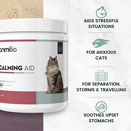 Animigo Calmante para Gatos. Suplemento Tranquilizante Natural. Nervios, Ansiedad y Estres de Viajes, Separaciones, Ruidos Fuertes y Más. con Jengibre, Manzanilla y Levadura. 60 Cápsulas Blandas