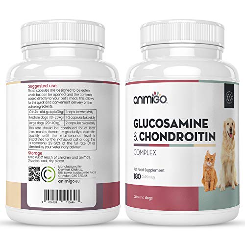 Animigo Glucosamina y Condroitina 500mg 180 Cápsulas | Suplemento Antiinflamatorio para Perros y Gatos Natural con Vitamina C y para Articulaciones, Huesos, Dientes, Cartílagos y Movilidad General