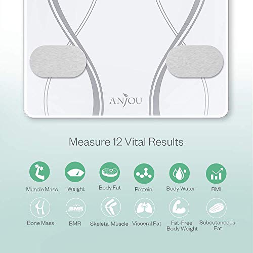 Anjou Báscula de Baño Digital Bluetooth con Análisis Grasa Corporal por App de 12 datos (Peso, Grasa, Agua, Músculo y más), 20 Usuarios, Báscula Inteligente de Alta Precisión para iOS y Android