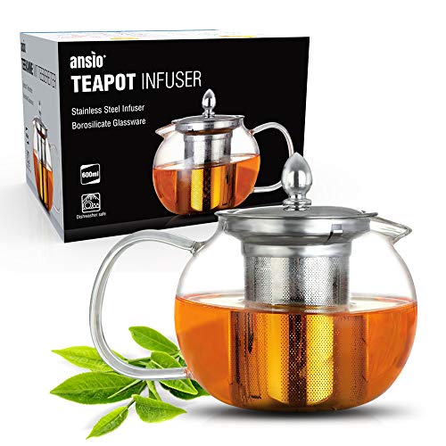 ANSIO Infusor de Tetera de Vidrio 600 ml Borosilicato 304 Tapa de Acero Inoxidable Infusor de Tetera de Hojas Sueltas