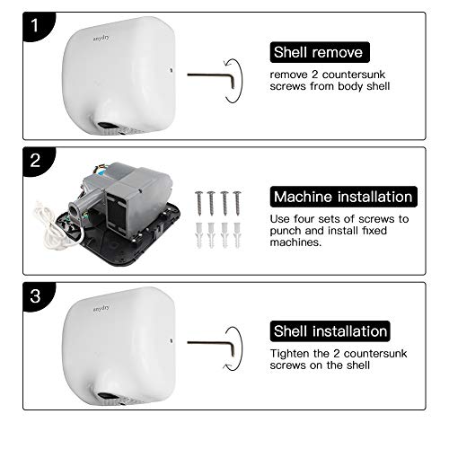 anydry AD2800 Secador de Manos automático de Alta Velocidad, Caja de Acero Inoxidable, secador de Manos eléctrico de Servicio Pesado, 1450W, 220V (Blanco)