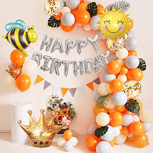 APERIL Globos de Cumpleaños Jardín Fiesta Cumpleaños Decoracion Primer Cumpleaños con Cumpleaños Estandarte Globos Abeja Corona Globos Globos de Confeti Hojas de Palma para Niños Niñas