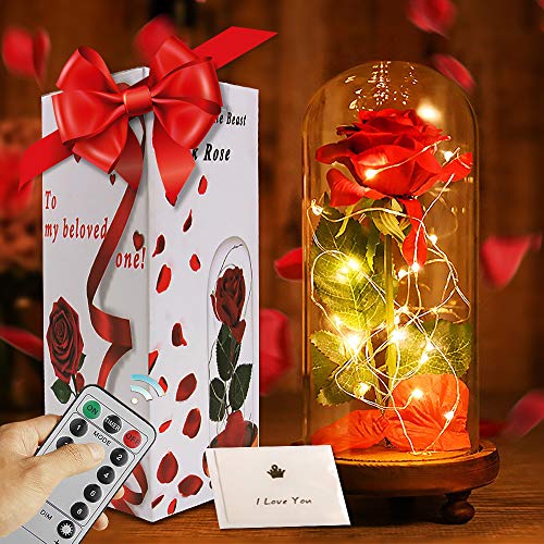 APERIL La Bella y la Bestia Rose Roja Kit Completo con Cúpula de Cristal Luz LED y Base de Madera Marrón Cubierta para la Decoración San Valentín Boda Fiesta Cumpleaños Aniversario Día de la Madre