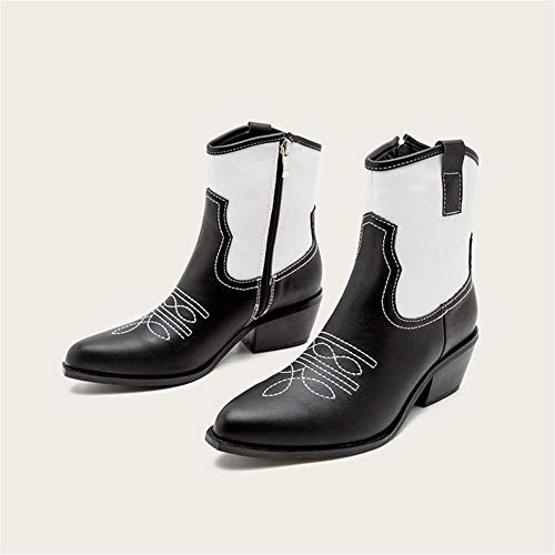 AQTEC Botas De Vaquero De Las Señoras De Cuero De Punta Estrecha Calle por El Medio Talón De La Manera del Partido De Arranque Cómodo Otoño Invierno Botas del Tobillo,Blanco,41 EU