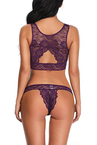 Aranmei Conjuntos de Lencería Mujer Encaje Bra y Braguitas(Morado,Small)