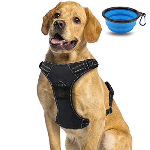 Arnés para Perro Transpirable, Arnés Pecho Antitirones Impermeable con Lineas Reflectante - Arnes de Perro Duradero con Chaleco Acolchado Ajustable para Perros Mediano/Grande +Tazón Plegable Azul