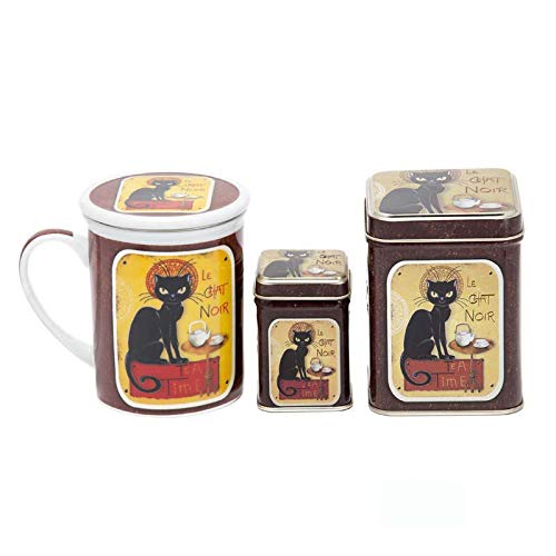 Aromas de Té - Pack Conjunto de Tisanera/Taza para Té de Porcelana + Latas de Té con diseño Le Chat Noir + Infusor de Acero, 100 y 25 grs.