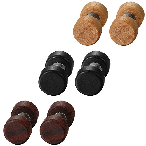 Aroncent Pendientes de Acero Inoxidable Quirúrgico y Madera para Oído Dumbbells Aretes de Perno Forma Pesas para Hombre Mujer Unisex 8-12 mm 6 Pcs (8)